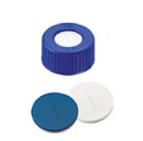 9mm Combination Seal: PP Short Thread Cap, blue, centre hole; Silicone white/PTFE blue, 55° shore A, 1.0mm, slit